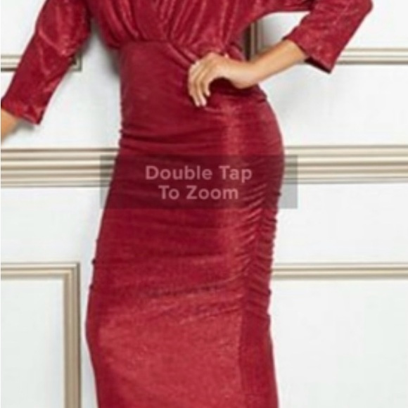 Eva Mendes Red Metallic Ruched Crossover V-Neck Midi Dress Size XL - Picture 2 of 16